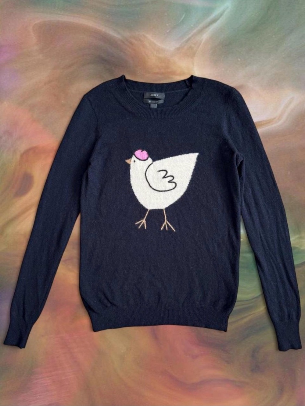 2012 J.Crew Hen in Beret Navy Sweater Wool Cashmere Blend Twee Cute Quirky Rare
